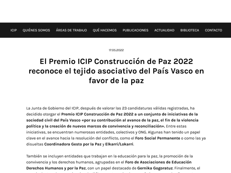 El Premio ICIP Construcción de Paz 2022 reconoce el tejido asociativo del País Vasco en favor de la paz
